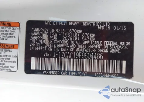 2015 Subaru Brz Limited из США, поврежденный, VIN JF1ZCAC19F9604486